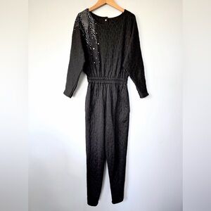 Vintage IIF Black Textured Jumpsuit with Embellished Shoulder Size Small